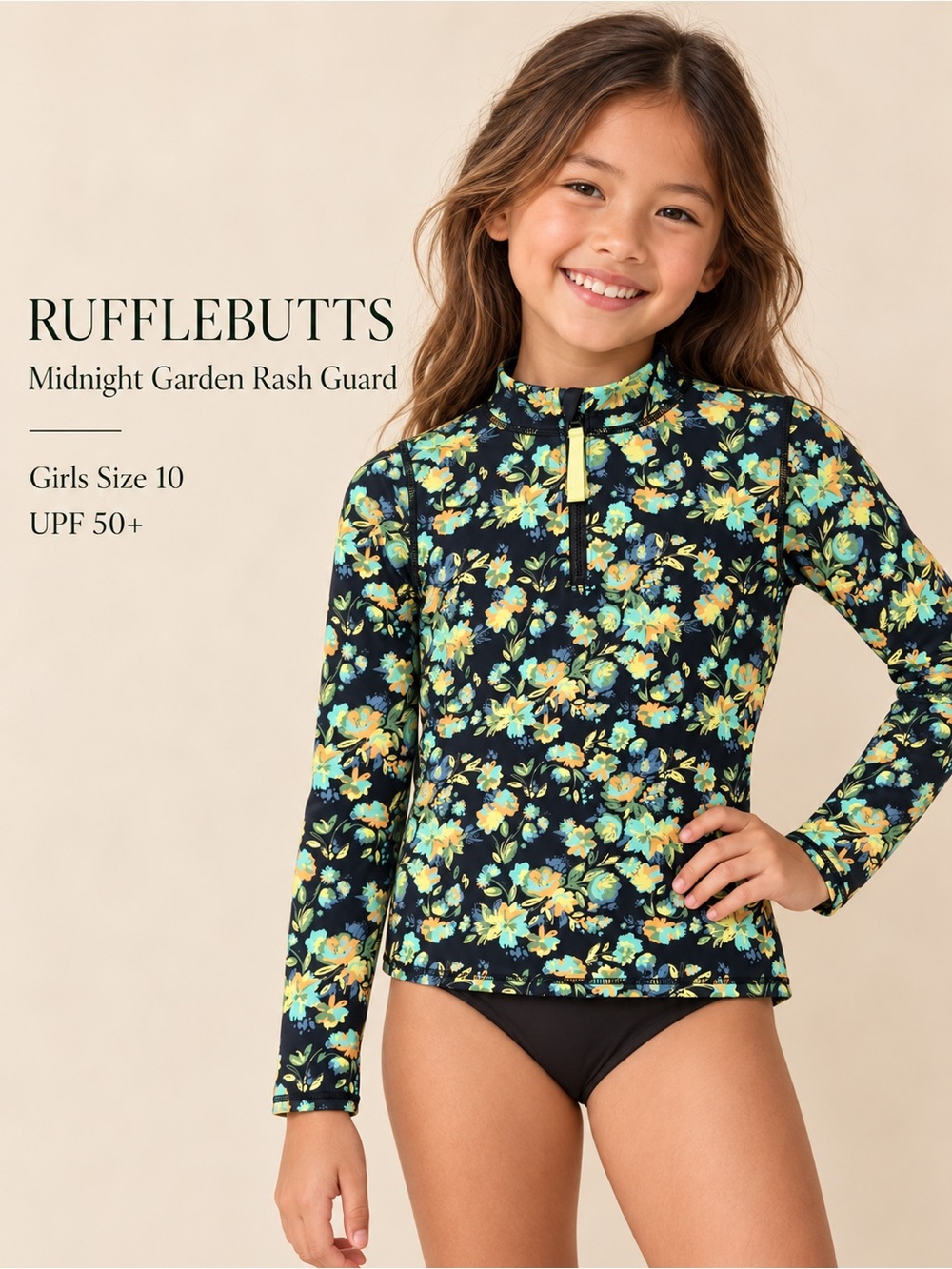 RuffleButts Midnight Garden Floral Rash Guard Top Girls Size 10 NWT